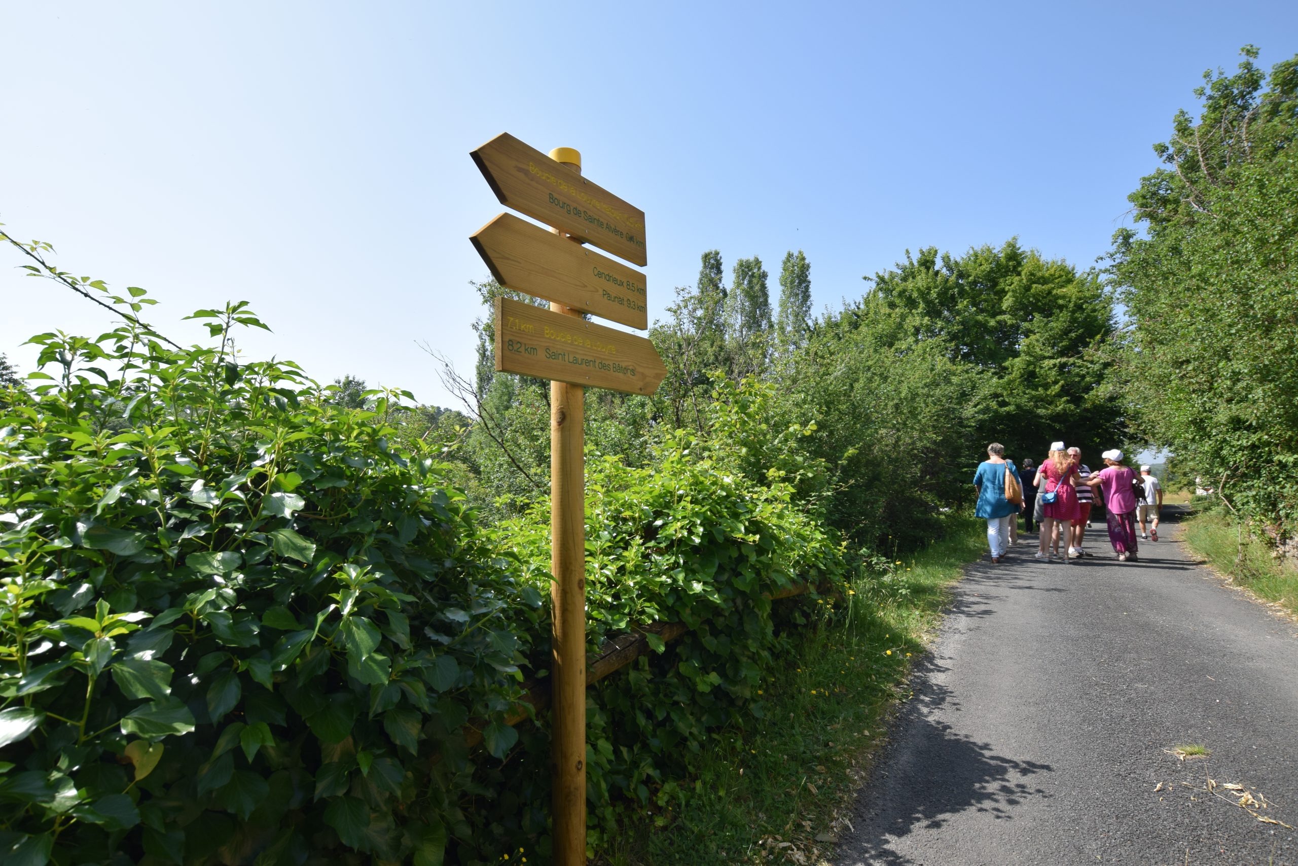 Un groupe de personnes qui emprunte un chemin de randonnée par un beau soleil