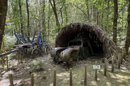 Dans la forêt, une charrette abîmée se situe à côté d'une cabane recouverte de feuillards, abritant une vieille voiture dont il ne reste qu'une partie de la carrosserie.