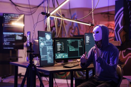 Des écrans d'ordinateurs et une personne dont le visage est caché par un masque blanc enregistre une vidéo. L'ambiance de la pièce avec du violet et du noir exprime de l'angoisse et correspond à la cybermenace.