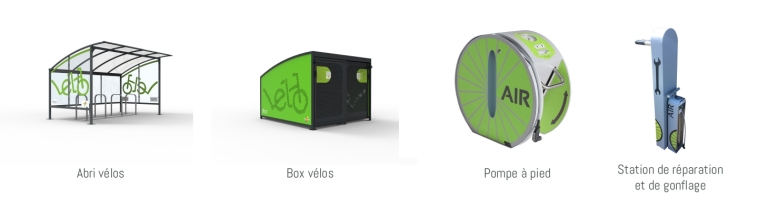 De gauche à droite, un abris vélo, un box vélos, une pompe à pied et une station de réparation et de gonflage sont présentés. Ces équipements avec une dominante de vert sont au couleur du service Périvélo.