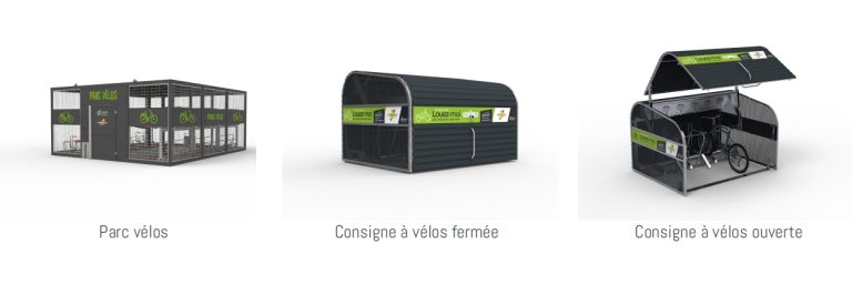 De gauche à droite, un parc vélos, une consigne à vélos fermée et une consigne à vélos ouverte. Ces équipements avec une dominante de vert sont au couleur du service Périvélo.