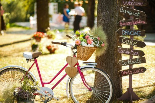 Un vélo avec des fleurs sur le guidon est situé à côté de plusieurs panneaux indicateurs : cocktail, dancing...