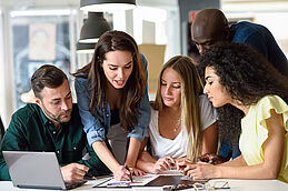 Multi-ethnic group of young men and women studying indoors.
