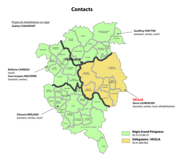 Véolia sur Boulazac Isle Manoire, Bassillac et Auberoche, La Douze, Saint Geyrac, Saint Pierre de Chignac, Saint Crépin d'Auberoche, Marsaneix. Sur les autres communes du Grand Périgueux, gestion directe en régie.